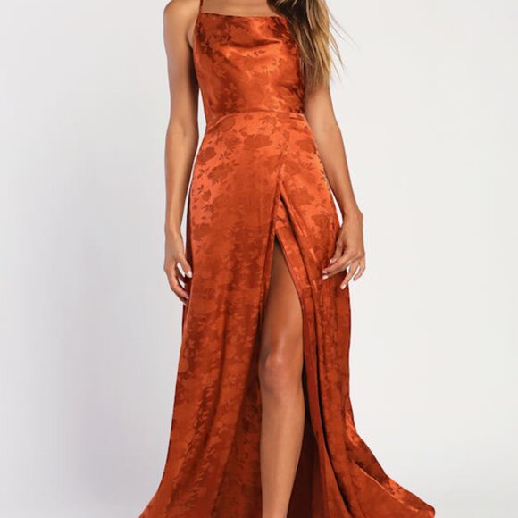 Lulus Simply Dreamy Rust Orange Satin Floral Jacquard Maxi Dress - Size 3X - Picture 1 of 1